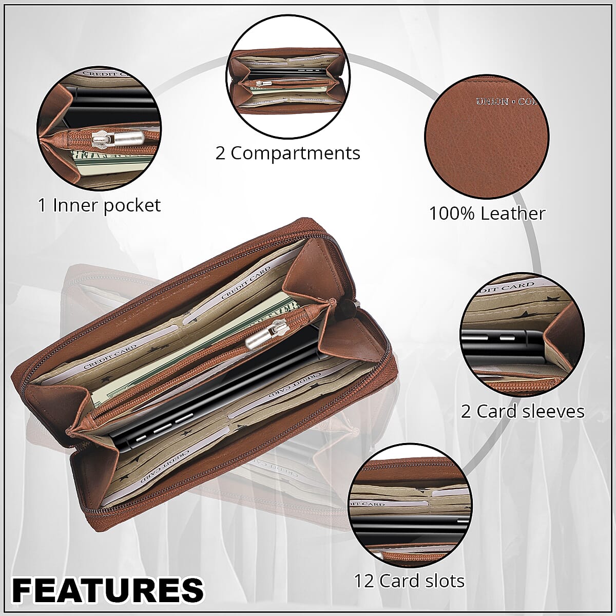 Union Code Mid Brown RFID Protected Genuine Leather Owl Family Applique Women's Wallet image number 3