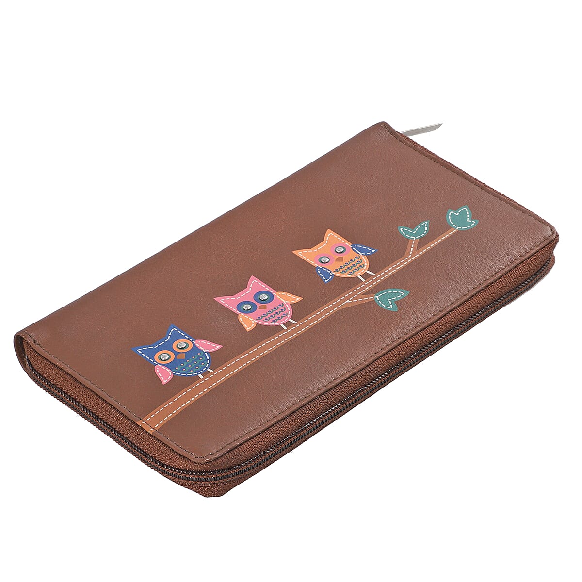 Union Code Mid Brown RFID Protected Genuine Leather Owl Family Applique Women's Wallet image number 5