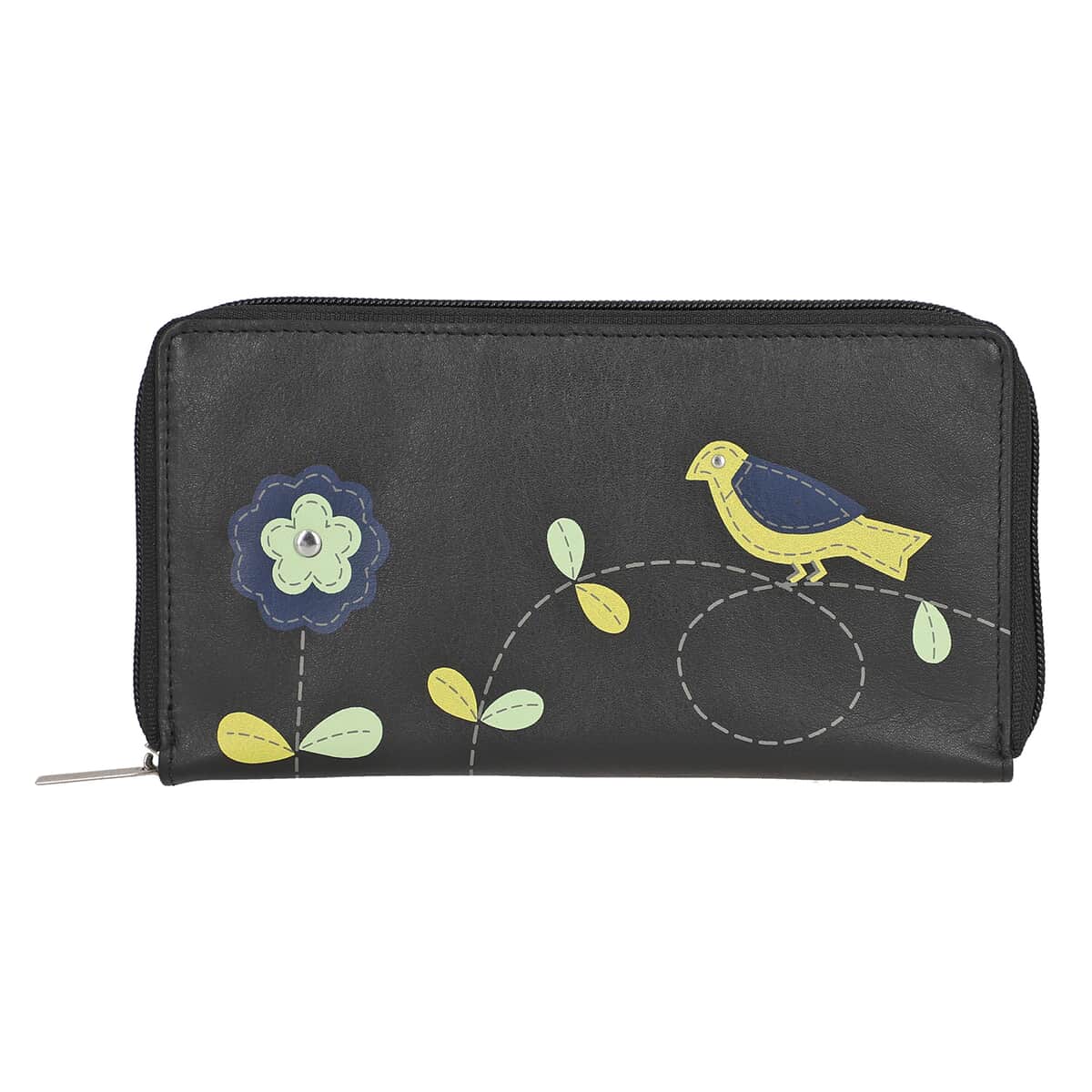 Union Code Black Color Floral Pattern 100% Genuine Leather RFID Protected Applique Women's Wallet image number 0