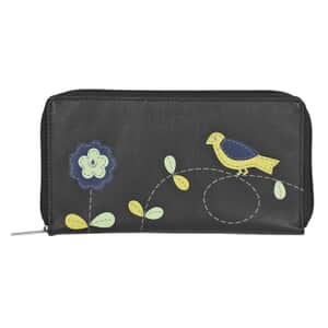 Union Code Black Color Floral Pattern 100% Genuine Leather RFID Protected Applique Women's Wallet