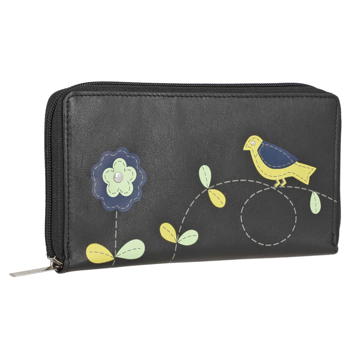 Union Code Black Color Floral Pattern 100% Genuine Leather RFID Protected Applique Women's Wallet image number 2