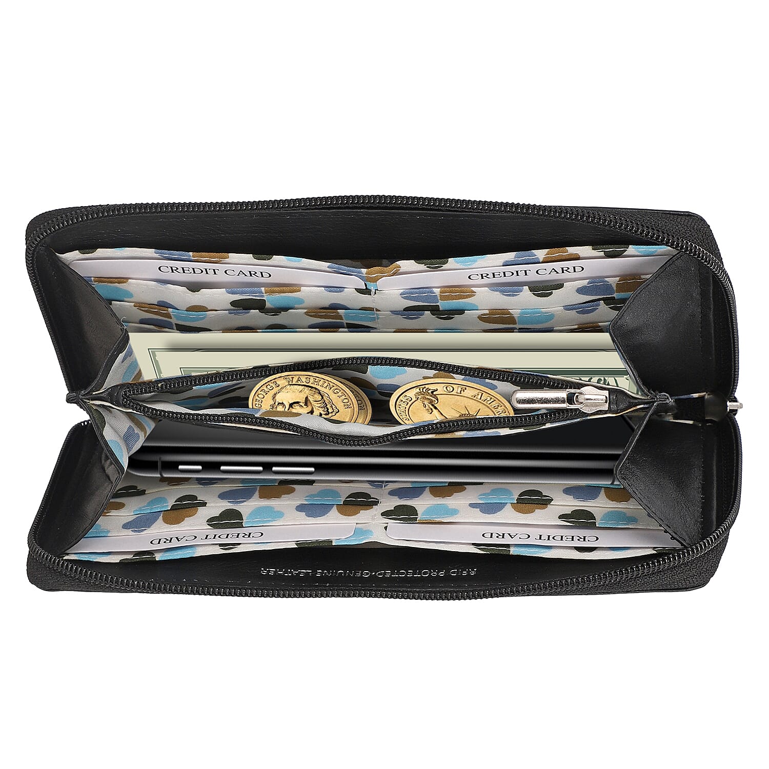 Union Code Black Color Floral Pattern 100% Genuine Leather RFID Protected Applique Women's Wallet
