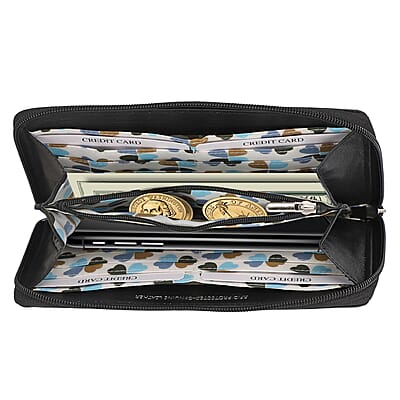 Union Code Black Color Floral Pattern 100% Genuine Leather RFID Protected Applique Women's Wallet