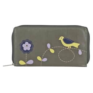 Union Code Gray Color Floral Pattern 100% Genuine Leather RFID Protected Applique Women's Wallet