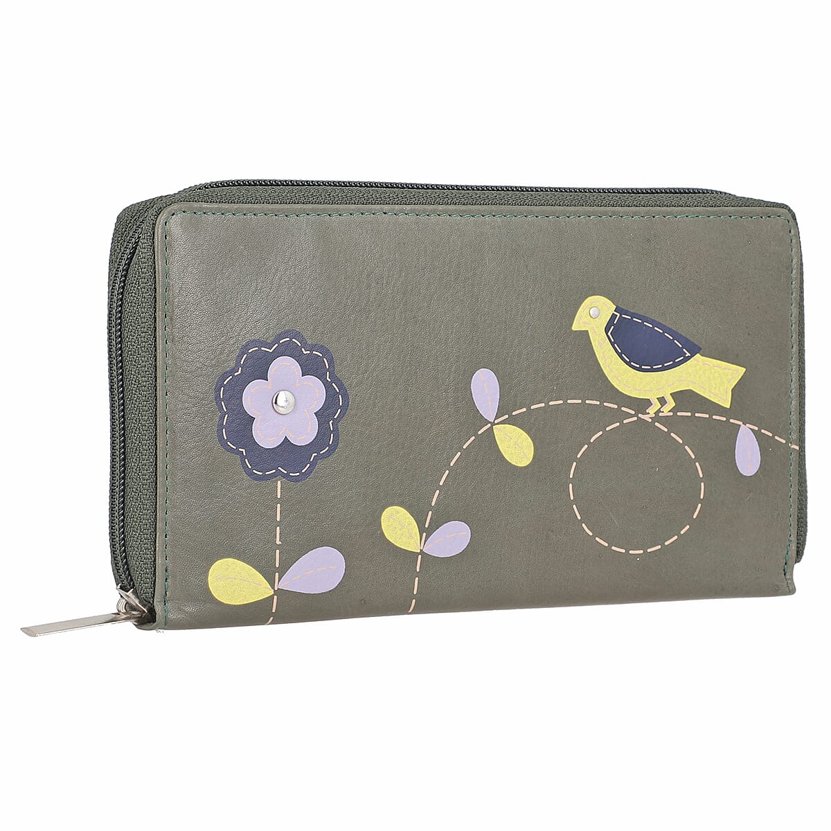 Union Code Gray Color Floral Pattern 100% Genuine Leather RFID Protected Applique Women's Wallet image number 2