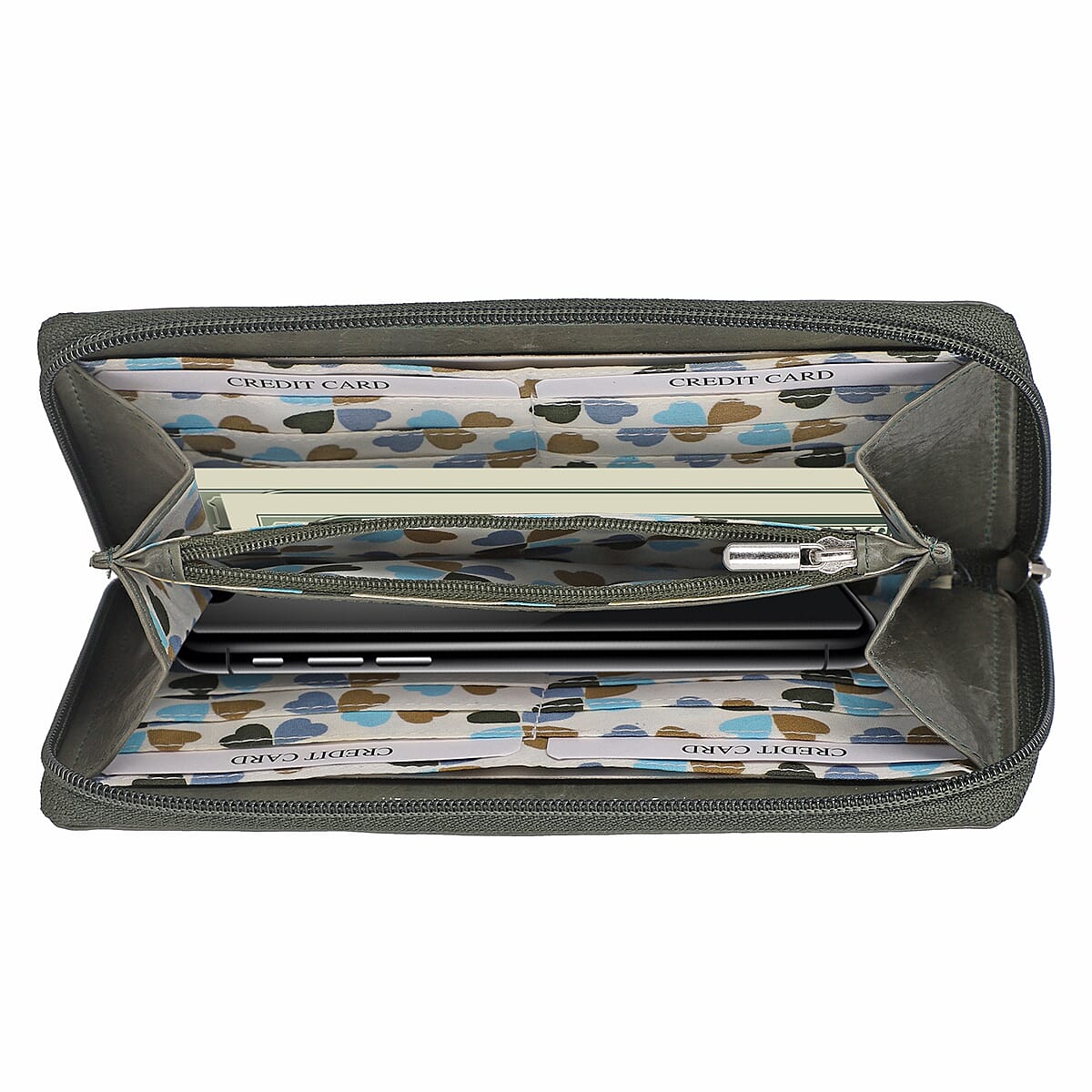 Union Code Gray Color Floral Pattern 100% Genuine Leather RFID Protected Applique Women's Wallet image number 4