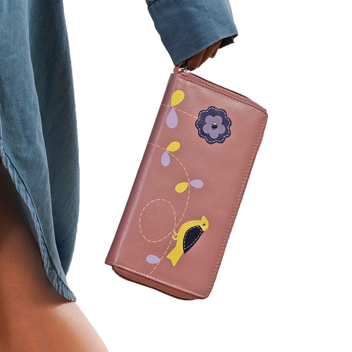 Union Code Purple Color Floral Pattern 100% Genuine Leather RFID Protected Applique Women's Wallet image number 1