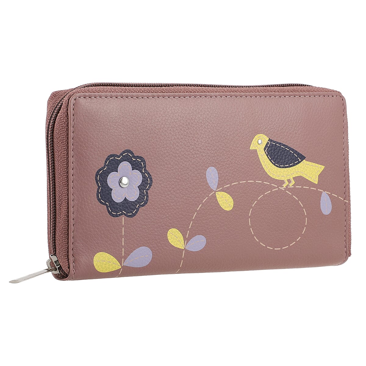 Union Code Purple Color Floral Pattern 100% Genuine Leather RFID Protected Applique Women's Wallet image number 2