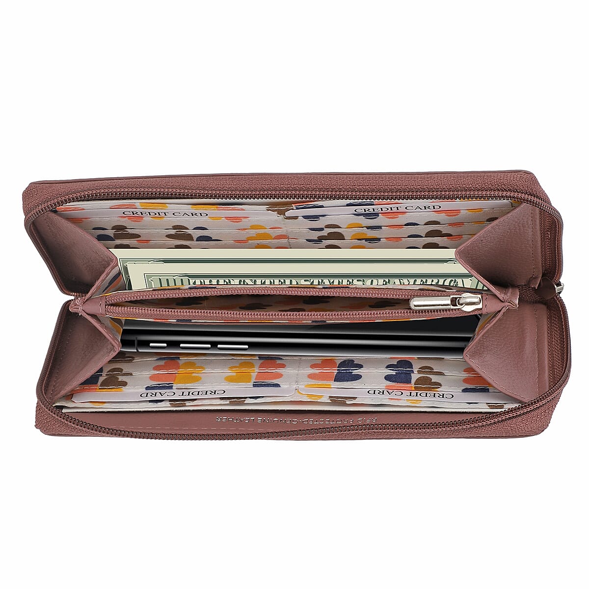 Union Code Purple Color Floral Pattern 100% Genuine Leather RFID Protected Applique Women's Wallet image number 4