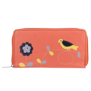 Union Code Peach Color Floral Pattern 100% Genuine Leather RFID Protected Applique Women's Wallet