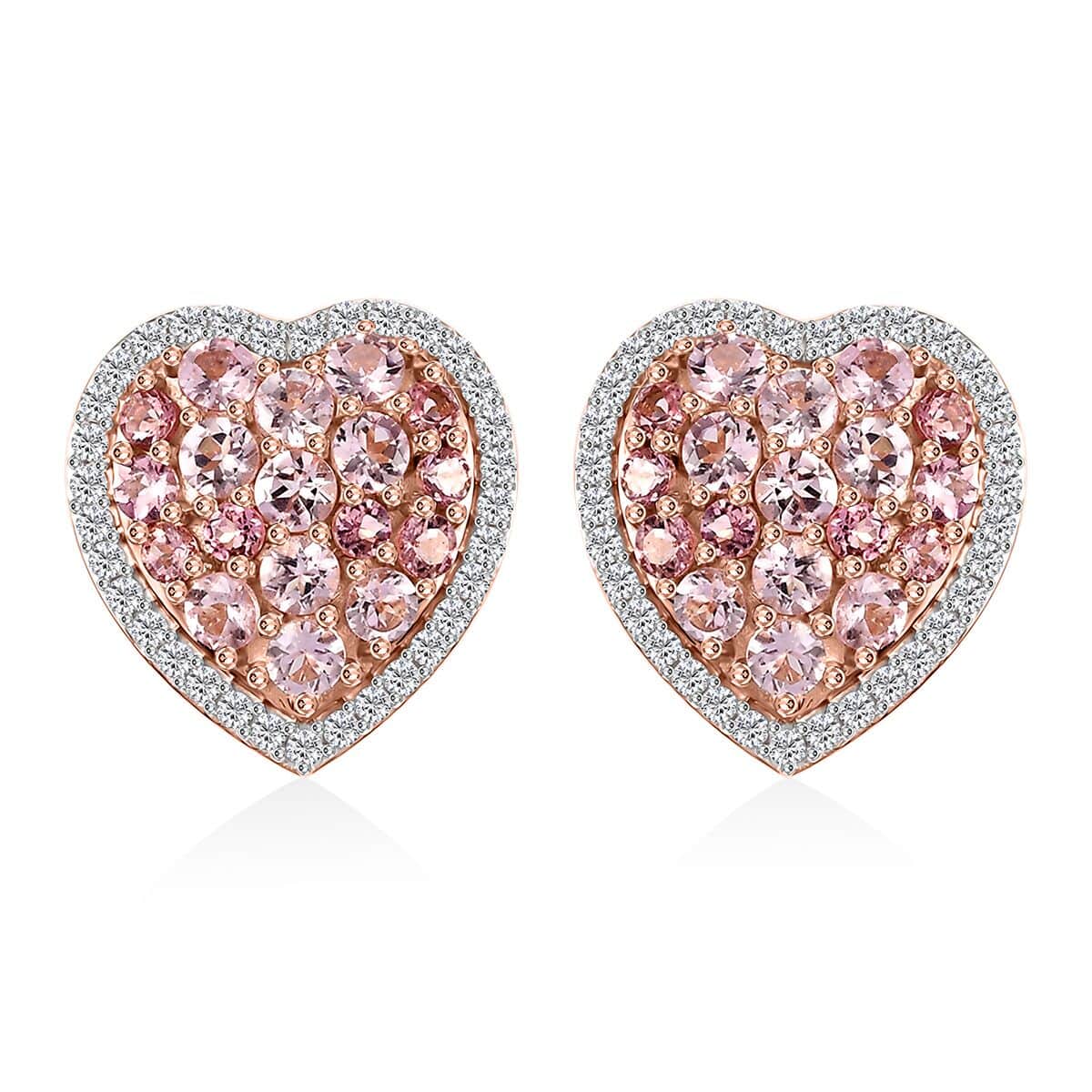 Premium Blush Tourmaline and White Zircon 2.80 ctw Heart Earrings in 18K Vermeil Rose Gold Over Sterling Silver image number 0