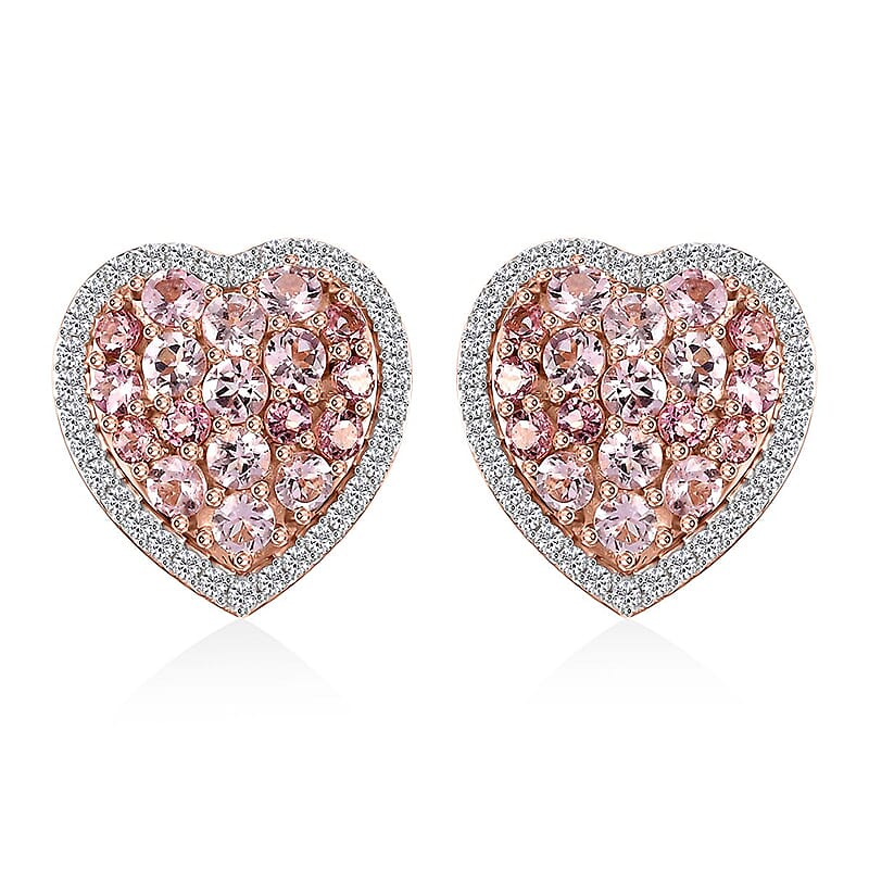 D'Joy Premium Blush Tourmaline and White Zircon 2.80 ctw Heart Earrings in 18K Vermeil Rose Gold Over Sterling Silver