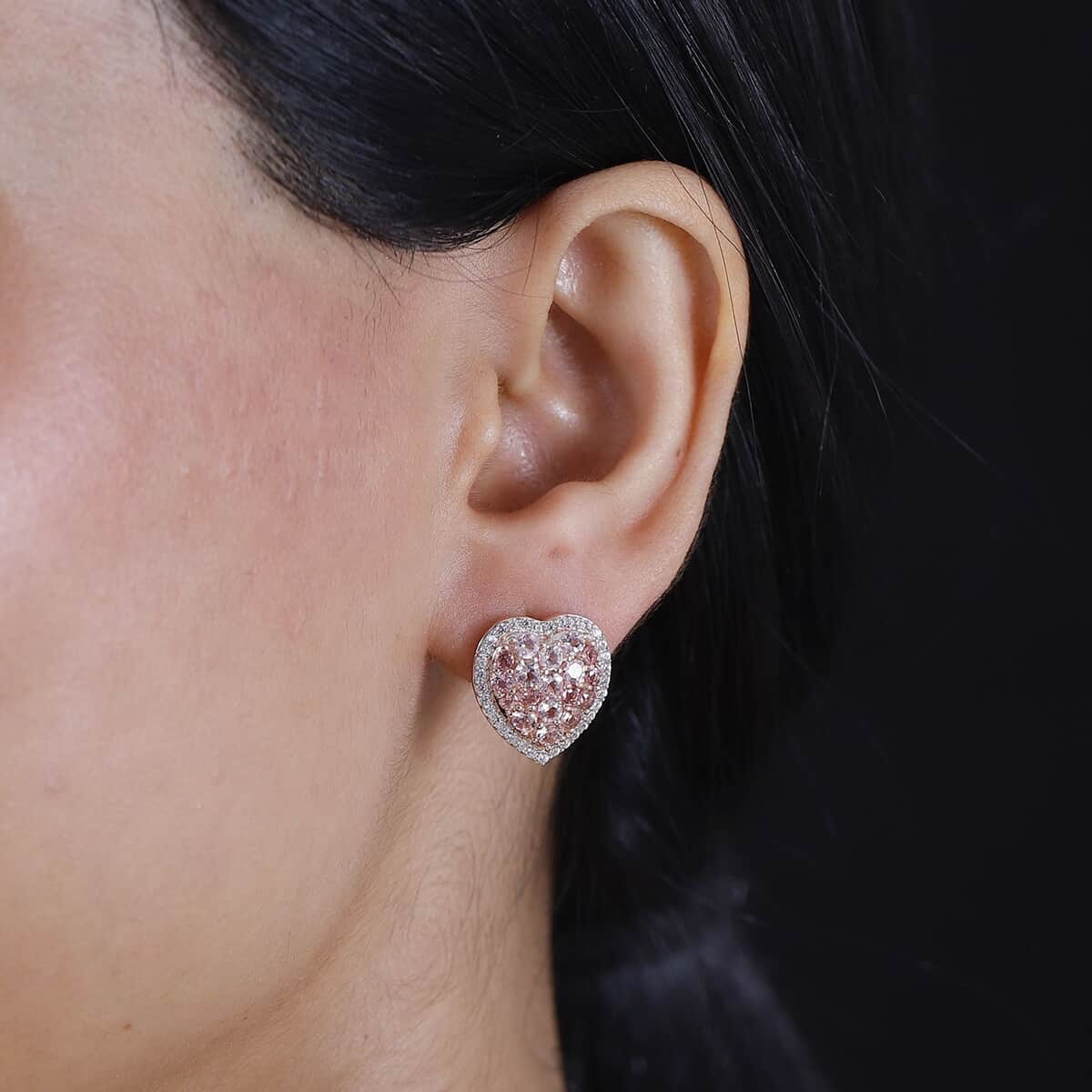 Premium Blush Tourmaline and White Zircon 2.80 ctw Heart Earrings in 18K Vermeil Rose Gold Over Sterling Silver image number 2