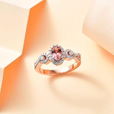Premium Blush Tourmaline and Moissanite 0.85 ctw Infinity Love Ring in 18K Vermeil Rose Gold Over Sterling Silver (Size 10.0)
