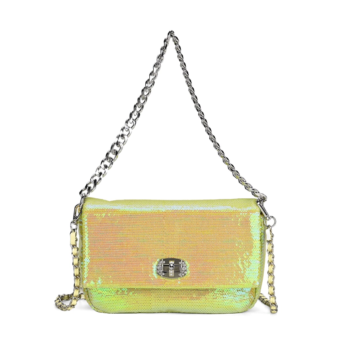 Aurora Borealis Sequin and Faux Leather Crossbody Bag with Dual Metal Chain Strap 47 Inches image number 0