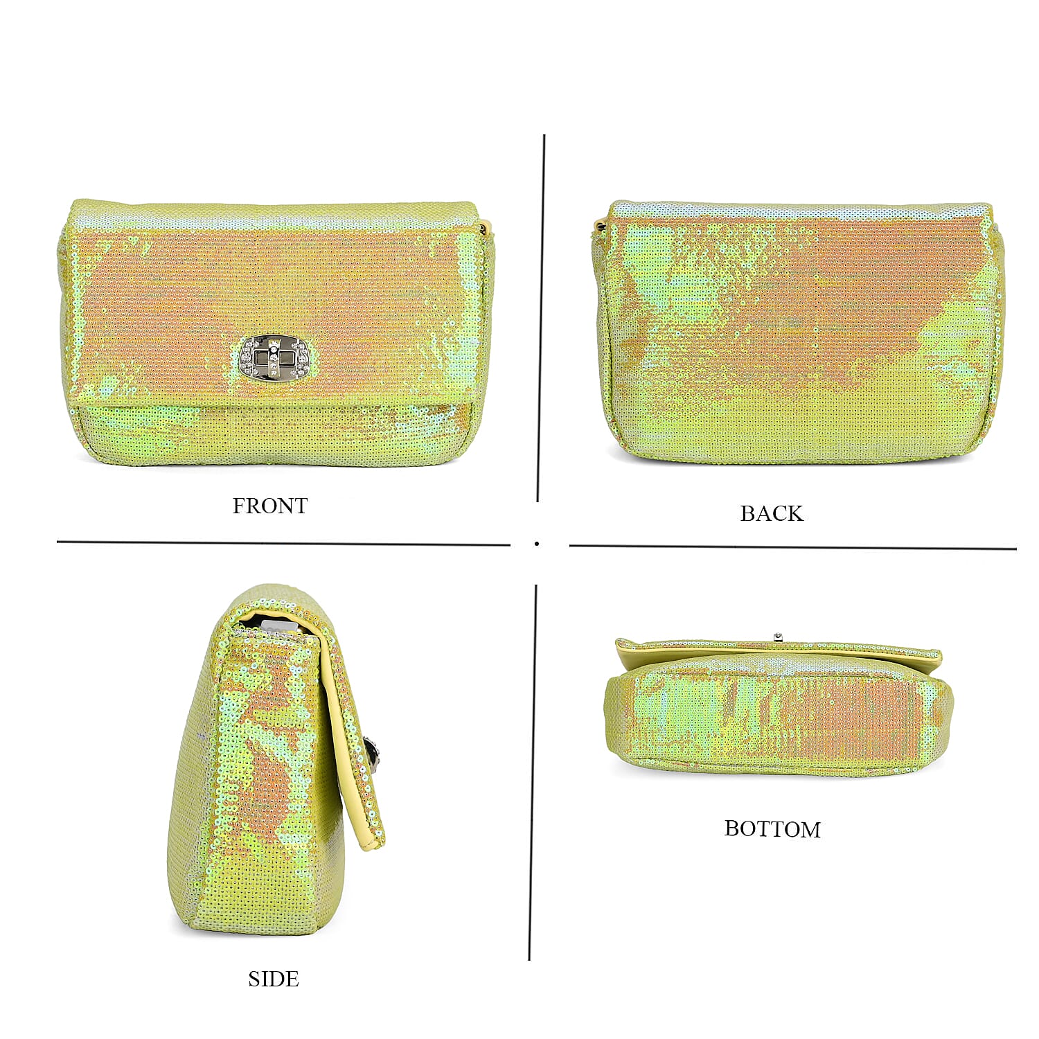 Aurora Borealis Sequin and Faux Leather Crossbody Bag with Dual Metal Chain Strap 47 Inches