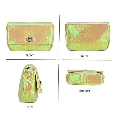 Aurora Borealis Sequin and Faux Leather Crossbody Bag with Dual Metal Chain Strap 47 Inches