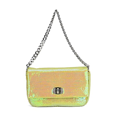 Aurora Borealis Sequin and Faux Leather Crossbody Bag with Dual Metal Chain Strap 47 Inches