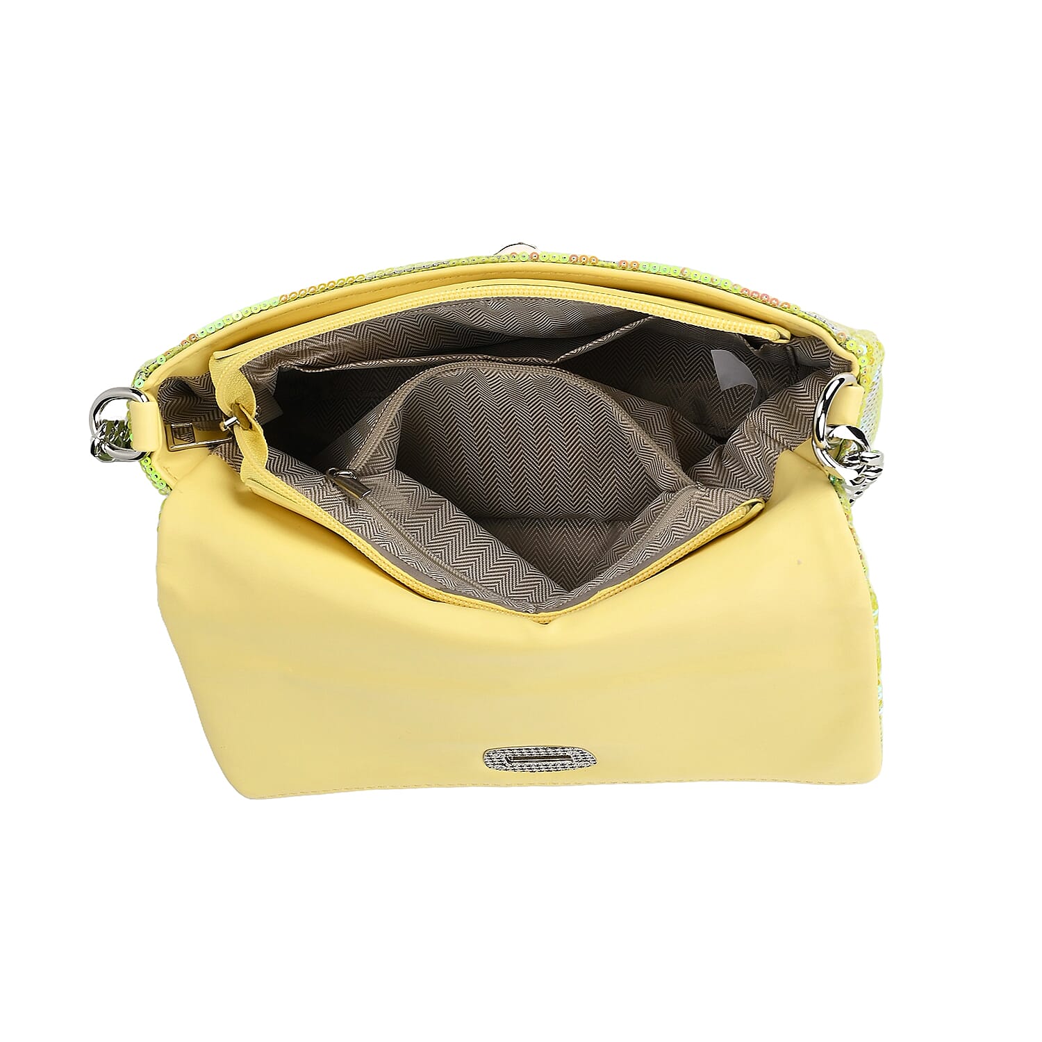 Aurora Borealis Sequin and Faux Leather Crossbody Bag with Dual Metal Chain Strap 47 Inches
