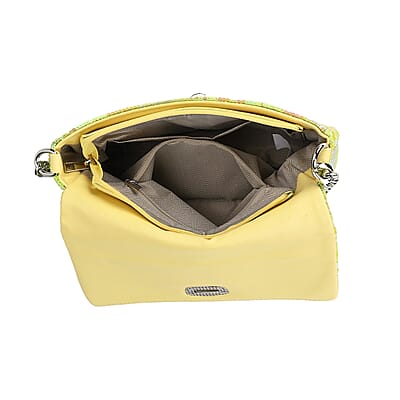 Aurora Borealis Sequin and Faux Leather Crossbody Bag with Dual Metal Chain Strap 47 Inches