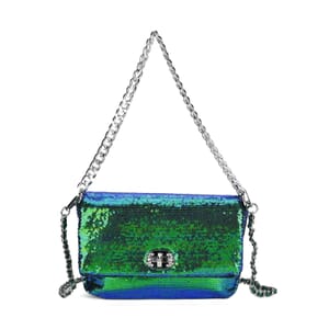 Green Sequin and Faux Leather Crossbody Bag with Dual Metal Chain Strap 47 Inches