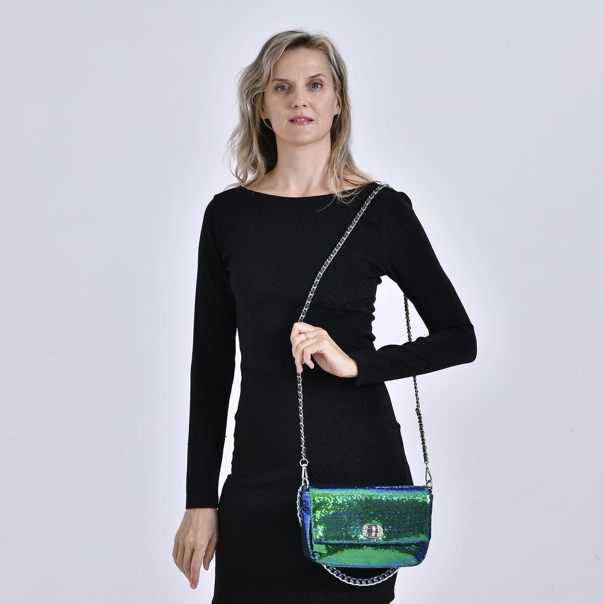 Green Sequin and Faux Leather Crossbody Bag with Dual Metal Chain Strap 47 Inches image number 1