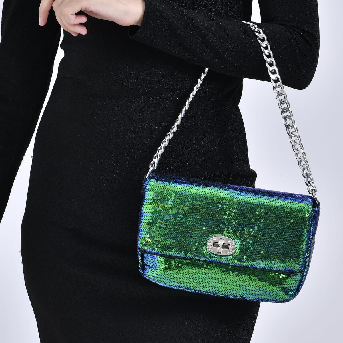 Green Sequin and Faux Leather Crossbody Bag with Dual Metal Chain Strap 47 Inches image number 2