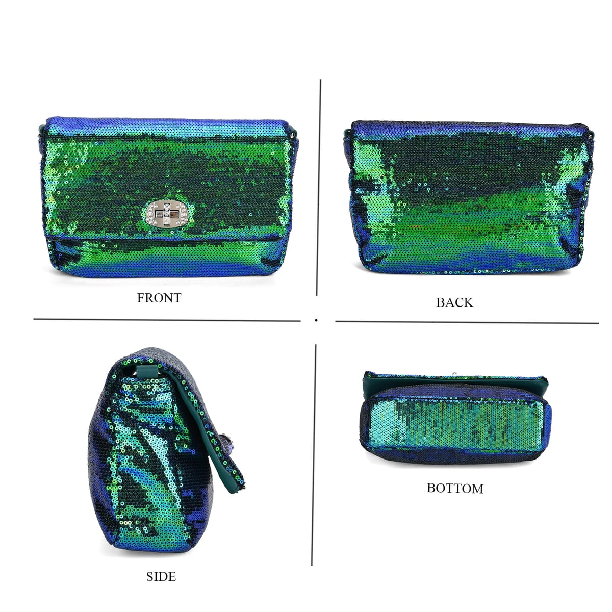Green Sequin and Faux Leather Crossbody Bag with Dual Metal Chain Strap 47 Inches image number 3