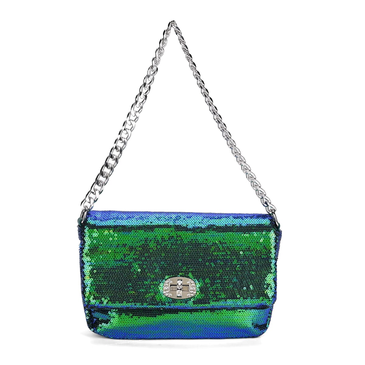 Green Sequin and Faux Leather Crossbody Bag with Dual Metal Chain Strap 47 Inches image number 4
