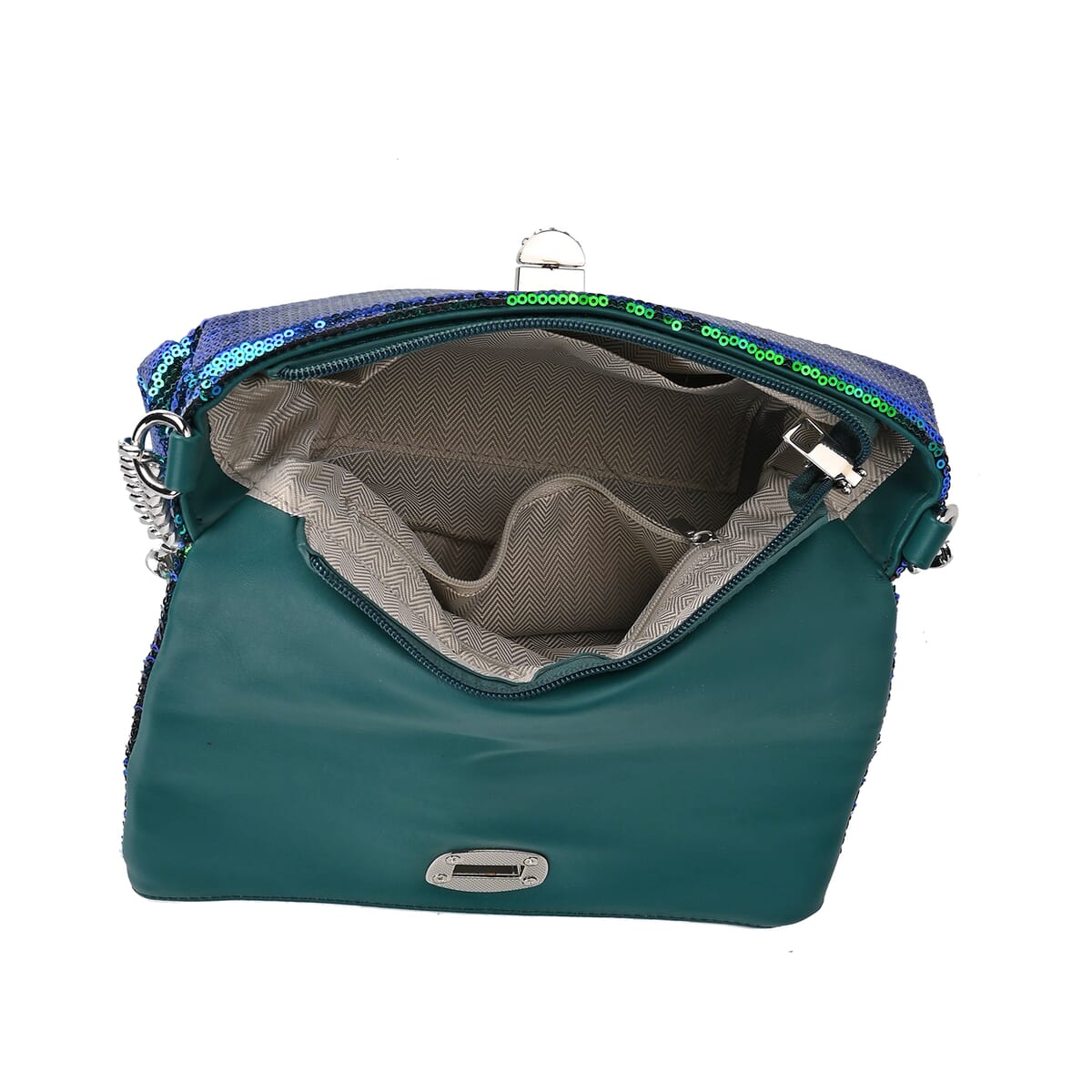 Green Sequin and Faux Leather Crossbody Bag with Dual Metal Chain Strap 47 Inches image number 5