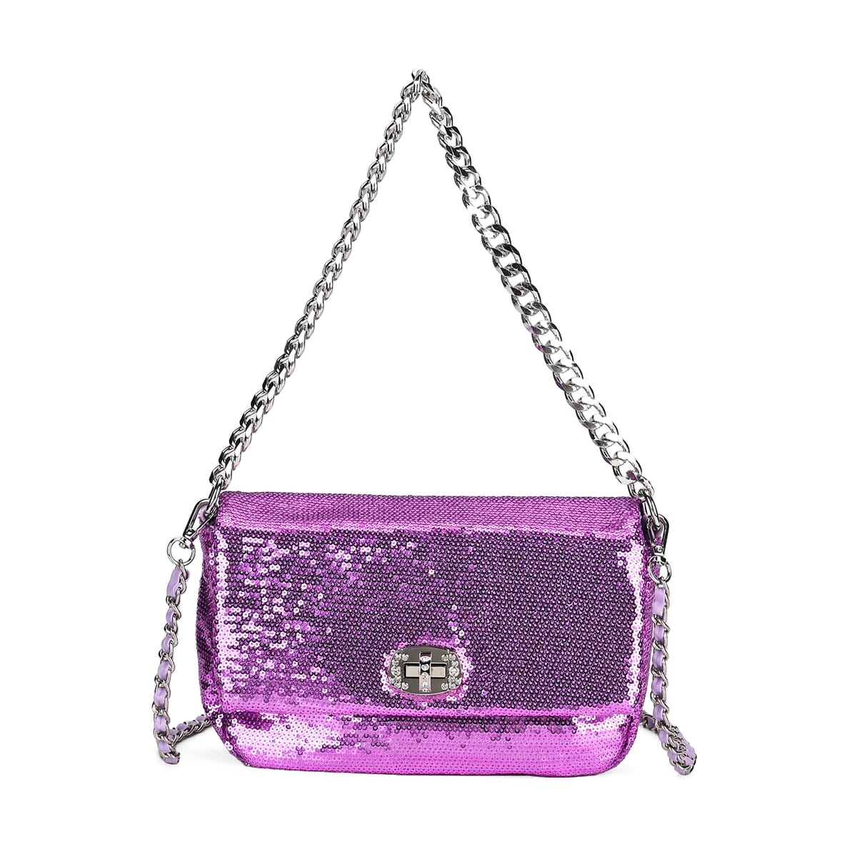 Purple Sequin and Faux Leather Crossbody Bag with Dual Metal Chain Strap 47 Inches image number 0