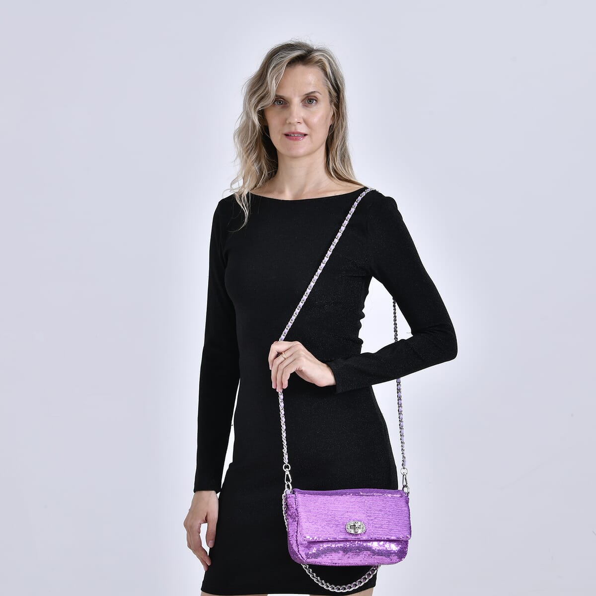 Purple Sequin and Faux Leather Crossbody Bag with Dual Metal Chain Strap 47 Inches image number 1