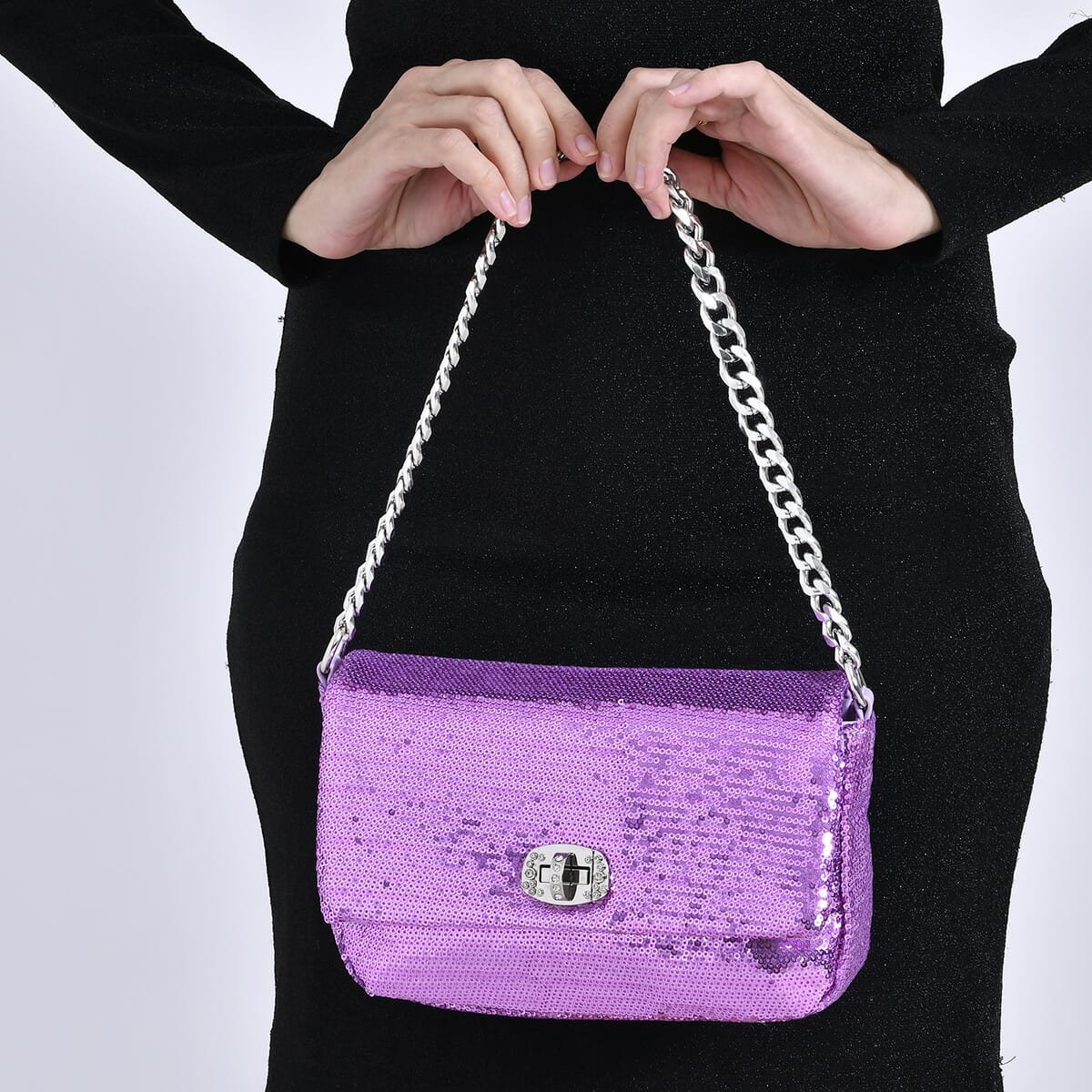 Purple Sequin and Faux Leather Crossbody Bag with Dual Metal Chain Strap 47 Inches image number 2