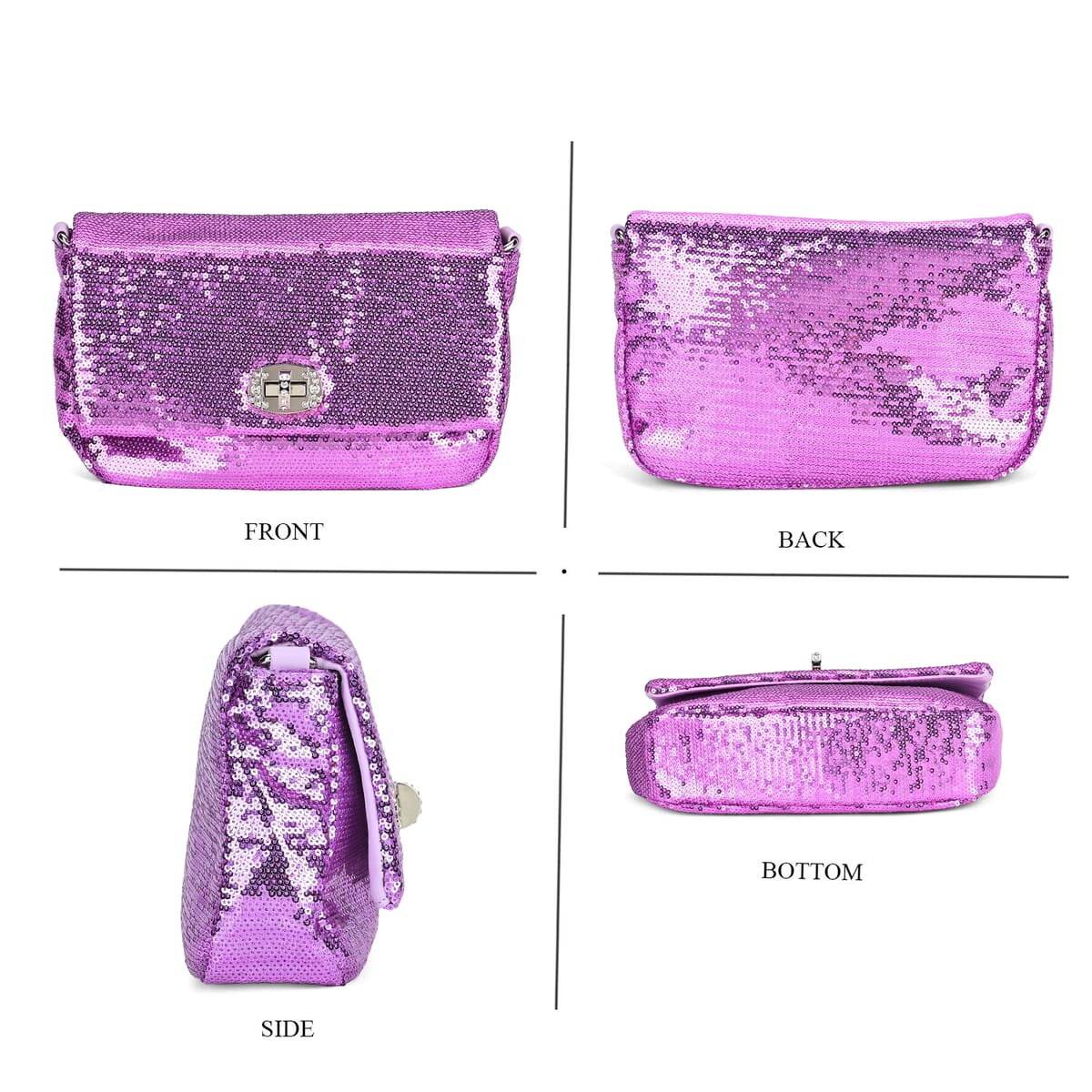 Purple Sequin and Faux Leather Crossbody Bag with Dual Metal Chain Strap 47 Inches image number 3