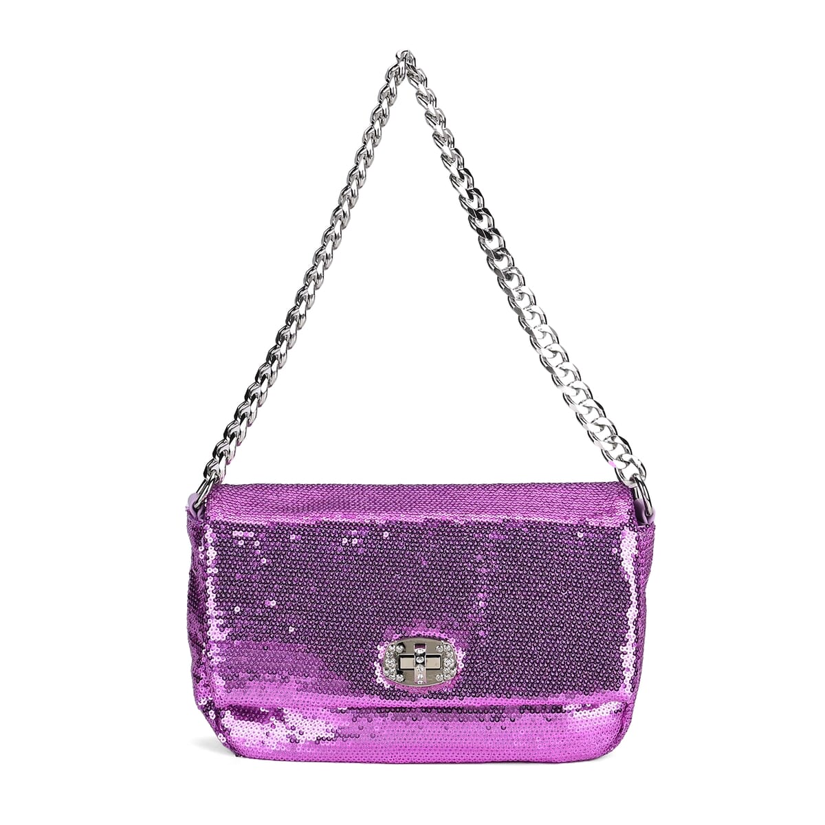 Purple Sequin and Faux Leather Crossbody Bag with Dual Metal Chain Strap 47 Inches image number 4