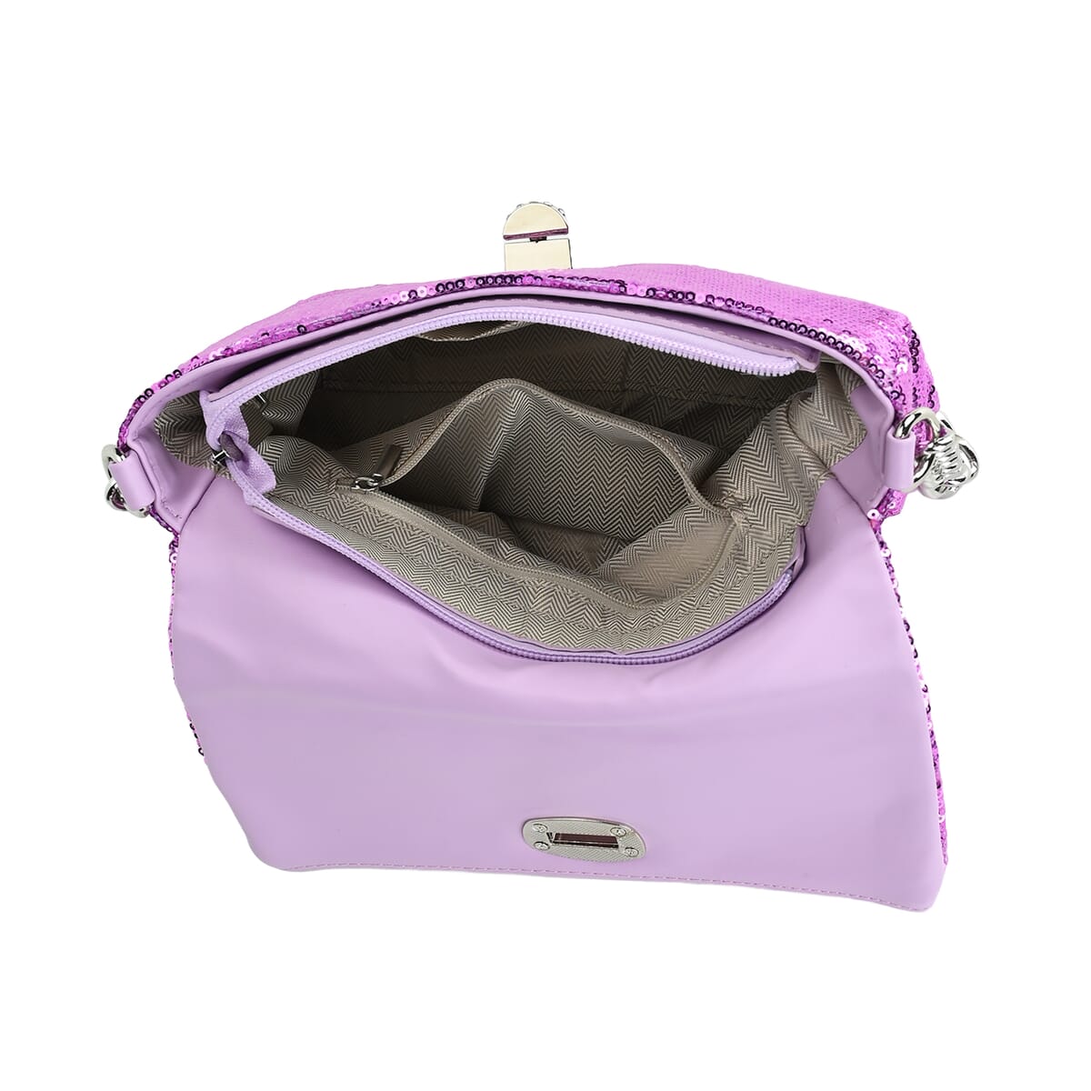 Purple Sequin and Faux Leather Crossbody Bag with Dual Metal Chain Strap 47 Inches image number 5
