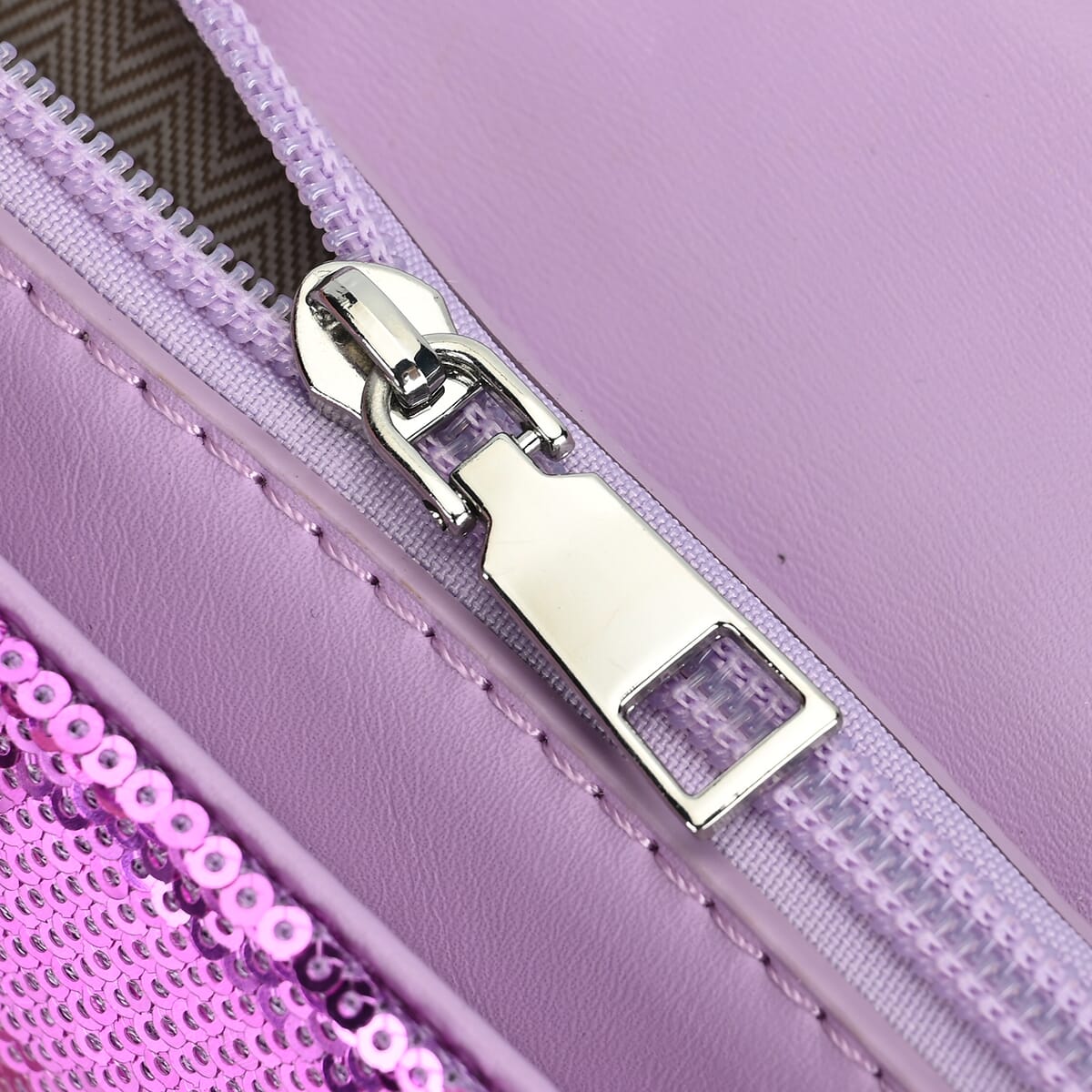 Purple Sequin and Faux Leather Crossbody Bag with Dual Metal Chain Strap 47 Inches image number 6