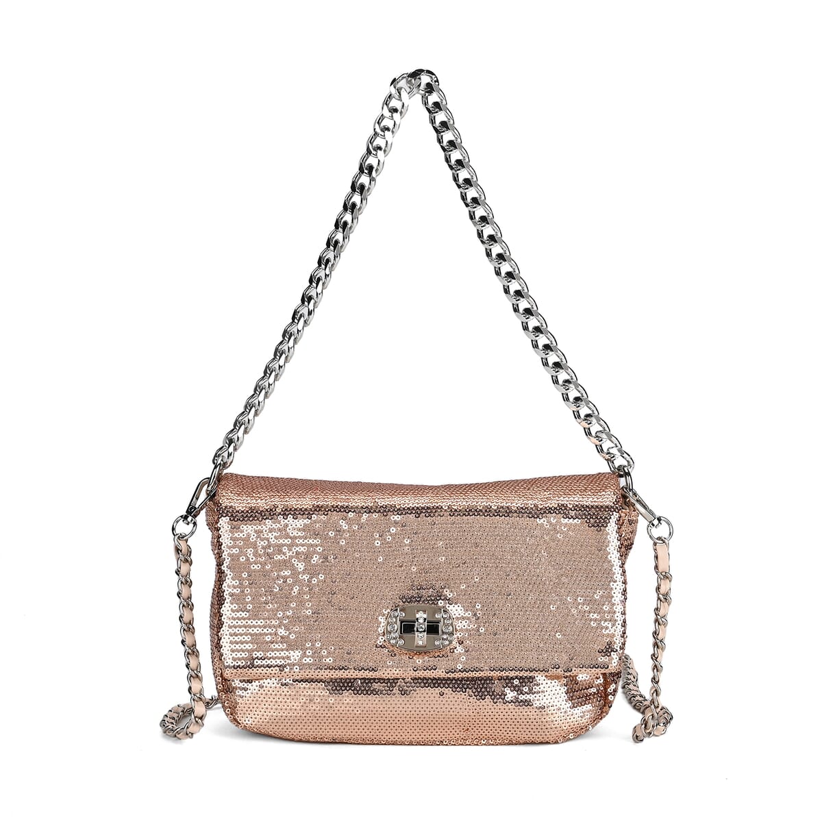 Champagne Sequin and Faux Leather Crossbody Bag with Dual Metal Chain Strap 47 Inches image number 0