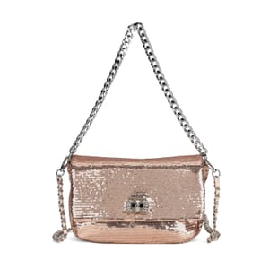 Champagne Sequin and Faux Leather Crossbody Bag with Dual Metal Chain Strap 47 Inches
