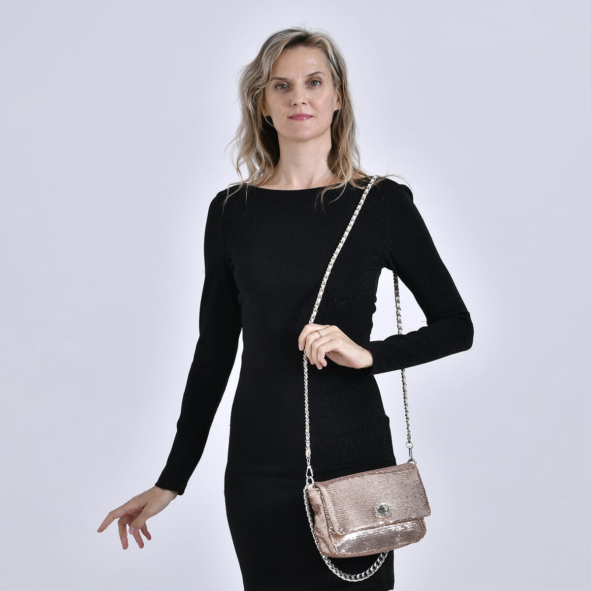 Champagne Sequin and Faux Leather Crossbody Bag with Dual Metal Chain Strap 47 Inches image number 1