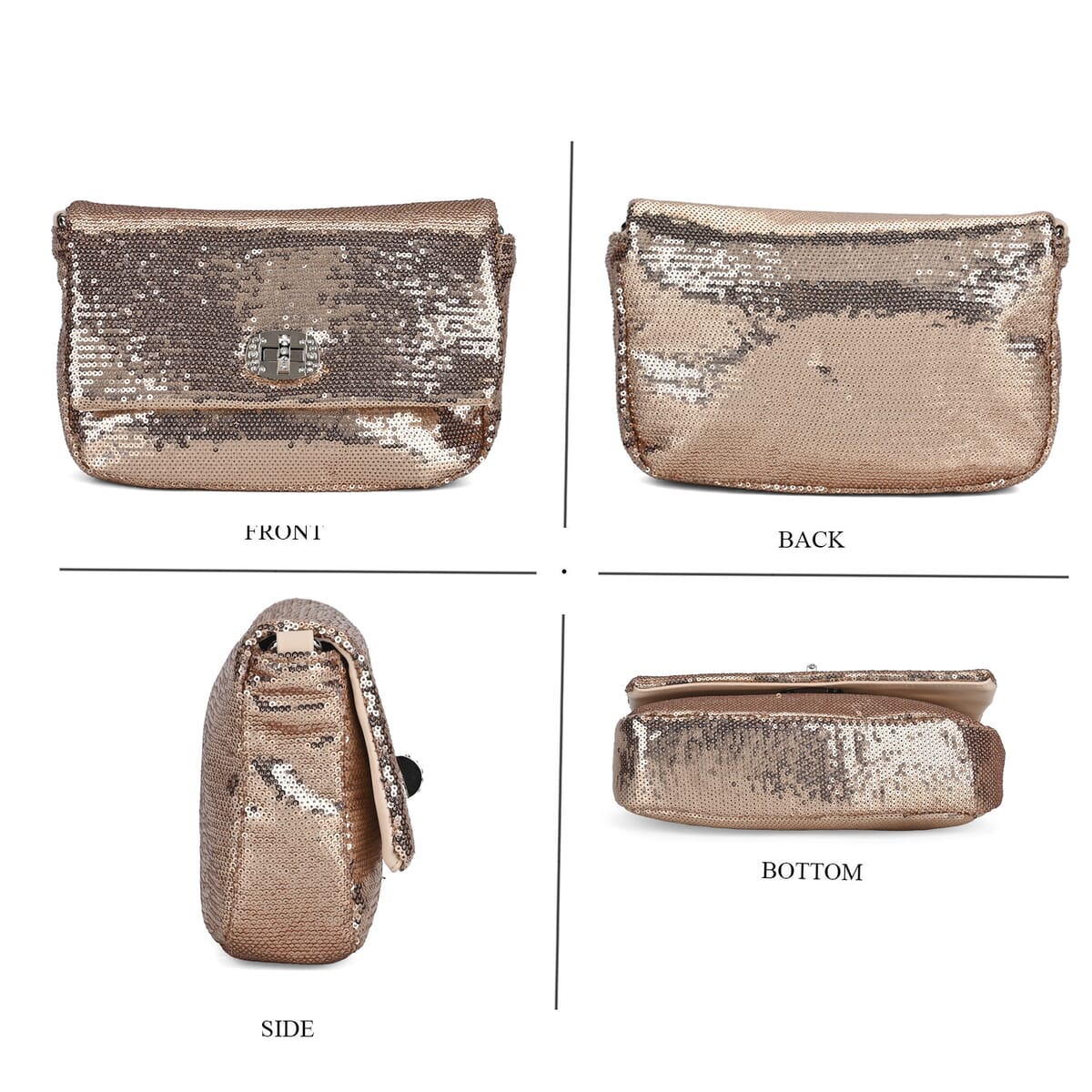 Champagne Sequin and Faux Leather Crossbody Bag with Dual Metal Chain Strap 47 Inches image number 3