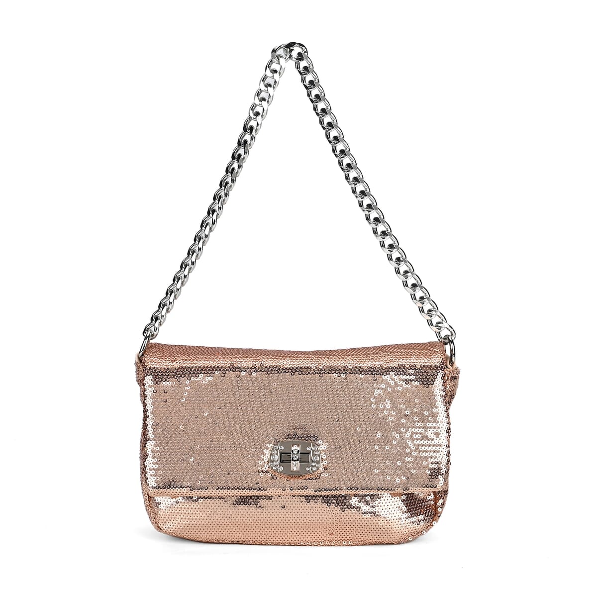 Champagne Sequin and Faux Leather Crossbody Bag with Dual Metal Chain Strap 47 Inches image number 4