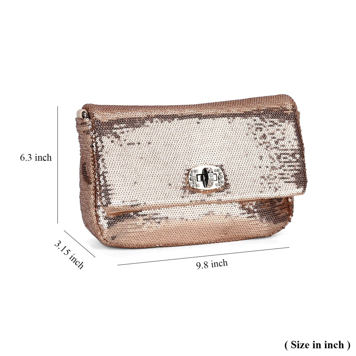 Champagne Sequin and Faux Leather Crossbody Bag with Dual Metal Chain Strap 47 Inches image number 7