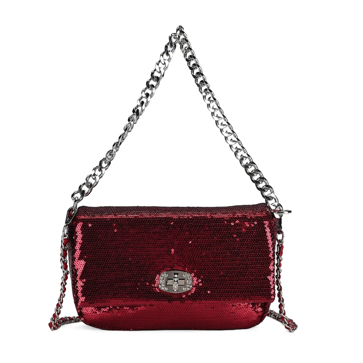 Red Sequin and Faux Leather Crossbody Bag (9.8x3.15x6.3) with Dual Metal Chain Strap (47) image number 0