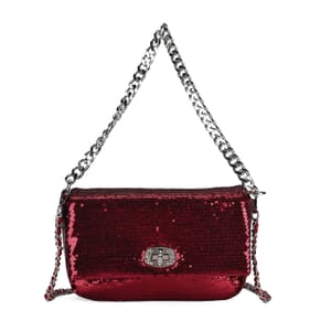 Red Sequin and Faux Leather Crossbody Bag (9.8x3.15x6.3) with Dual Metal Chain Strap (47)