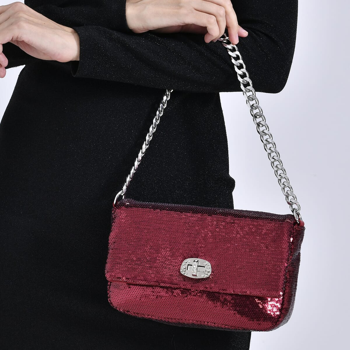 Red Sequin and Faux Leather Crossbody Bag (9.8x3.15x6.3) with Dual Metal Chain Strap (47) image number 2