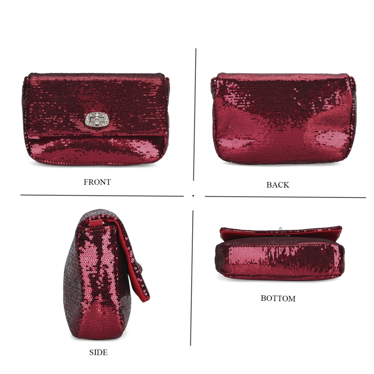 Red Sequin and Faux Leather Crossbody Bag (9.8x3.15x6.3) with Dual Metal Chain Strap (47) image number 3