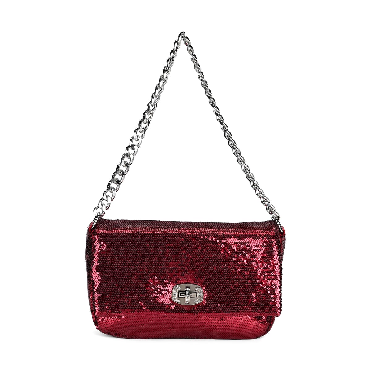 Red Sequin and Faux Leather Crossbody Bag (9.8x3.15x6.3) with Dual Metal Chain Strap (47) image number 4