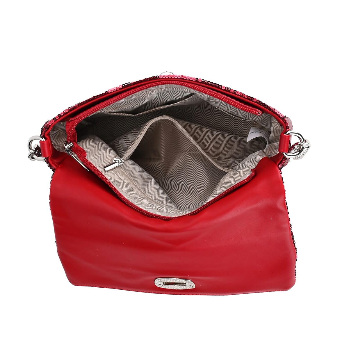 Red Sequin and Faux Leather Crossbody Bag (9.8x3.15x6.3) with Dual Metal Chain Strap (47) image number 5