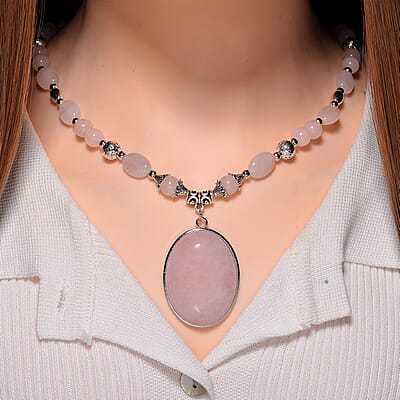 Galilea Rose Quartz 300.00 ctw Beaded Necklace in Sliverstone 20 Inches